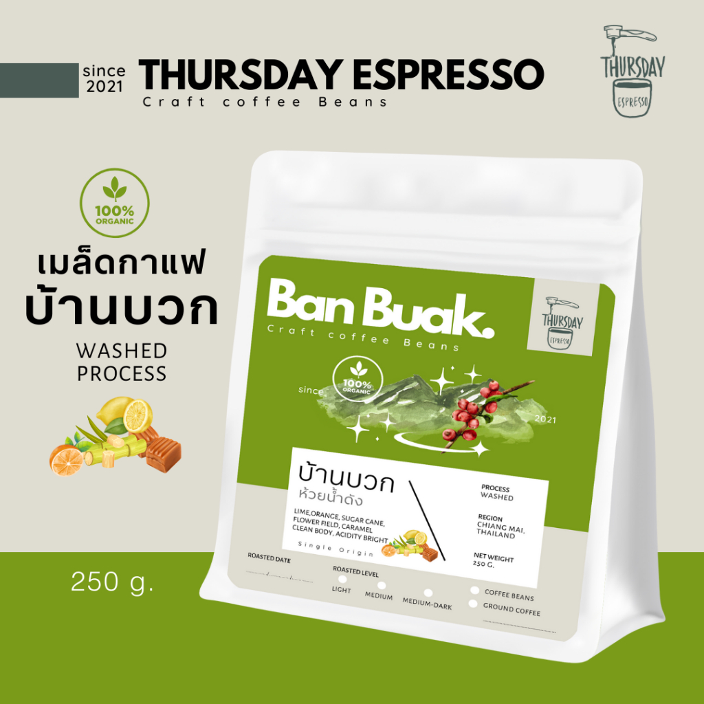 เมล็ดกาแฟคั่ว บ้านบวก ออแกนิค 100% ขนาด 250 กรัม