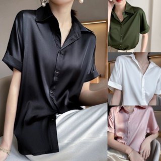 Dahong  ❤️เสื้อแฟชั่นผู้หญิง แขนสั้น คอปก  ผ้าซาตินเนื้อดีนิ…