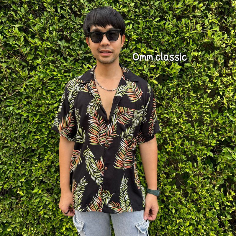 เสื้อฮาวายผ้านิ่ม (สปันเรยอน) ลายปาล์มดำ