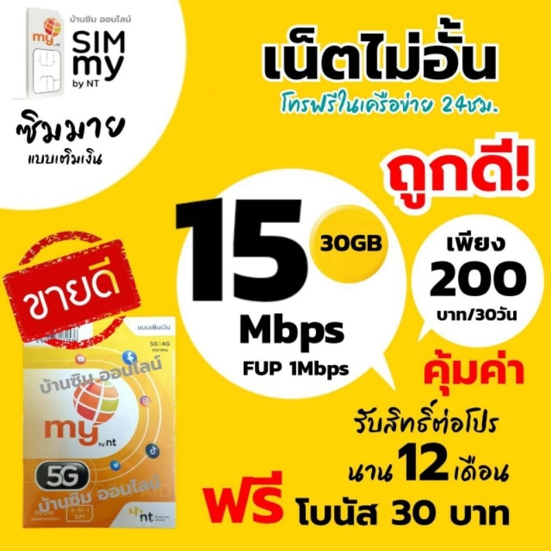 Sim my Sim net ระบบเติมเงิน เน็ตไม่อั้น 15 Mbps ราคา 200 บาท/เดือน (1ออเดอร์ไม่เกิน5เบอร์)