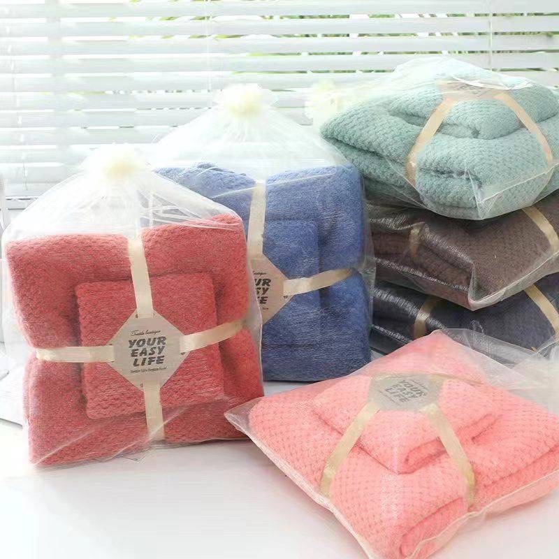 ชุดผ้าขนหนู+ผ้าเช็ดหน้า ผ้ารังผึ้ง ดูดซับน้ําได้ดี แห้งเร็ว สําหรับอาบน้ำ