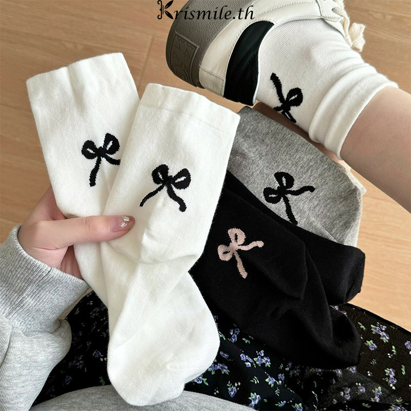 COD-ในไทย💖Insส ้ นโบว ์ ถุงเท ้ า สไตล ์ถุงเท ้ากลางลูกวัวฤดูใบไม ้ผลิและฤดูร ้อนมาใหม ่สไตล ์บางเวอร ์ชั ่นเกาหลี สไตล-