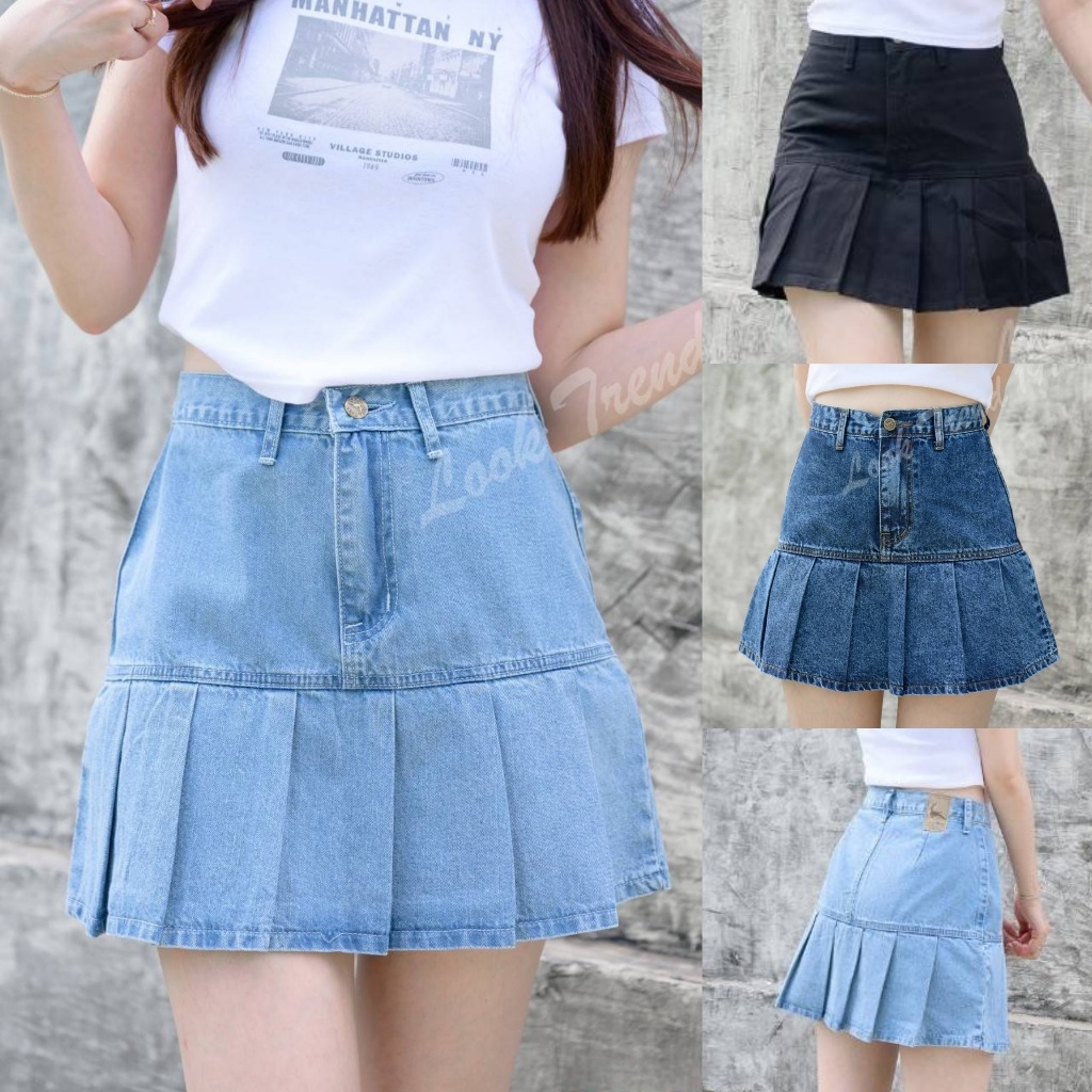 กระโปรงกางเกงยีนส์เอวสูง มีกางเกงด้านใน แต่งจีบรอบ เนื้อผ้าไม่ยืด ใส่ไม่กลัวโป๋