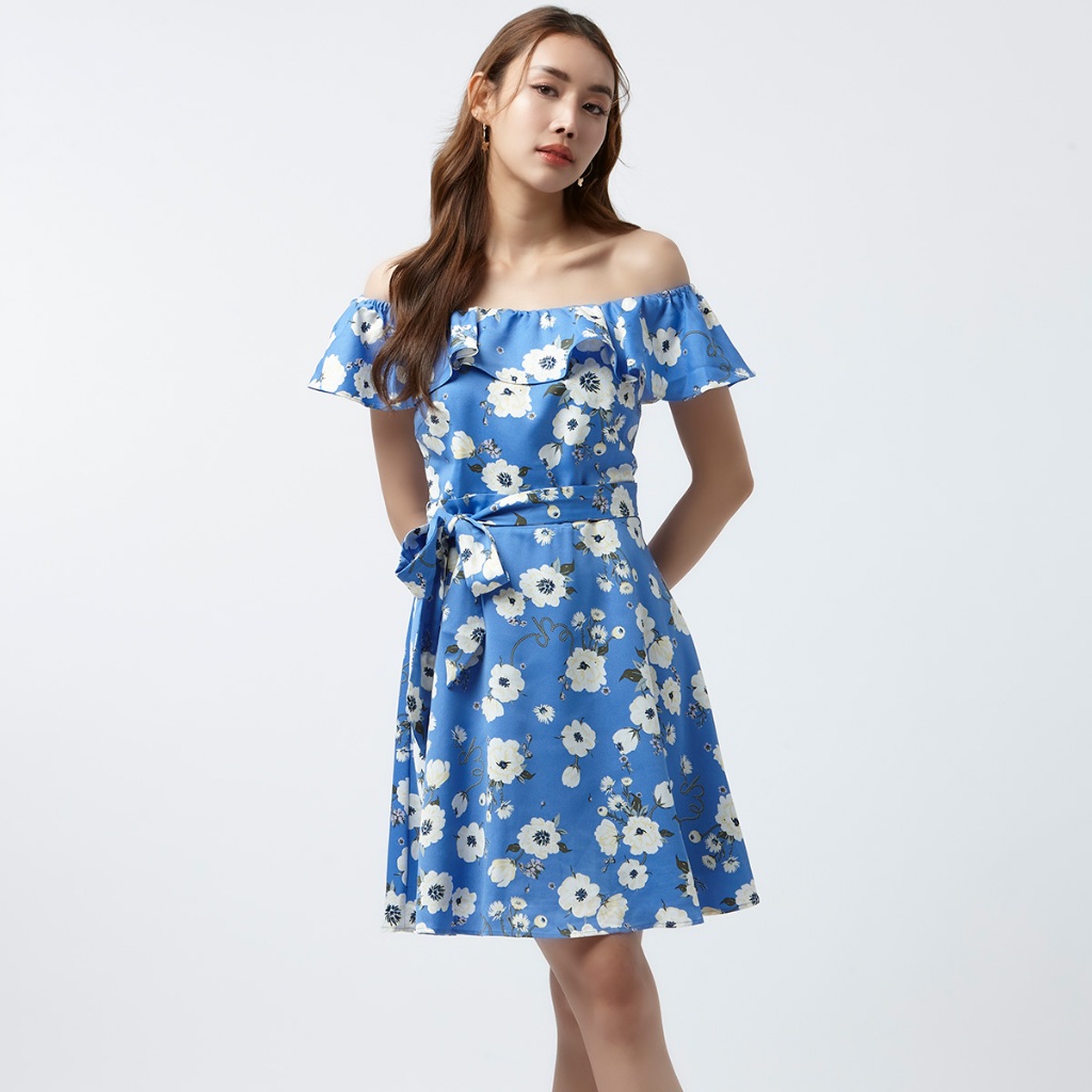 EP เดรสลายดอกไม้ ผู้หญิง สีฟ้า | Floral Print Dress | 04182