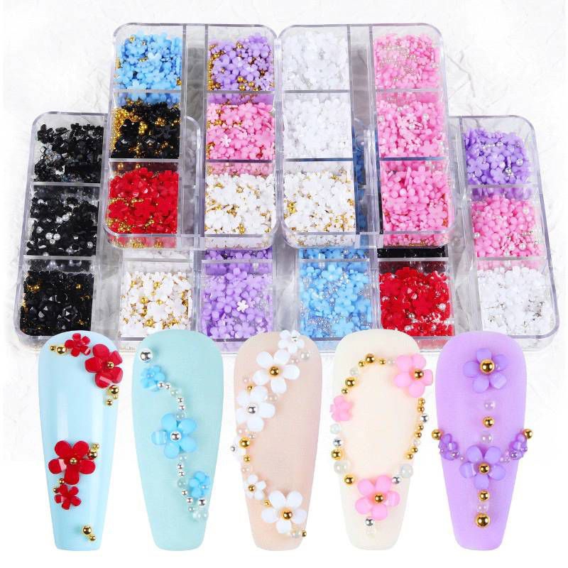 อะไหล่ดอกไม้สำหรับตกแต่งเล็บ DIY แบบคละสี อะไหล่เงิน-ทอง 6/ช่อง
