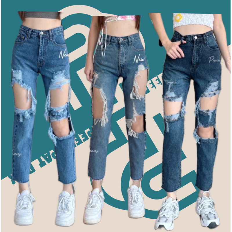 Punny Jeans (P61) กางเกงยีนส์ผู้หญิง มี3สี ทรงบอย ผ้าไม่ยืด เอวสูง เก็บพุง เก็บสะโพก แต่งขาดขาโบ๋ ทั้ง2ข้าง มีไซส์ S-5XL