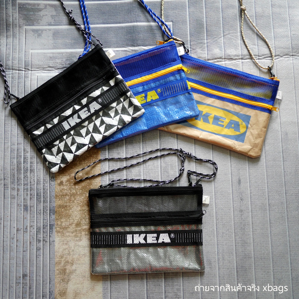 IKEA ทรงแบน 25 ซม. สะพายข้างสายเชือก ผ้าใบเคลือบ ด้านหน้าแต่งตาข่าย กระเป๋าอยู่ทรง สายเชือกปรับสั้นยาวได้