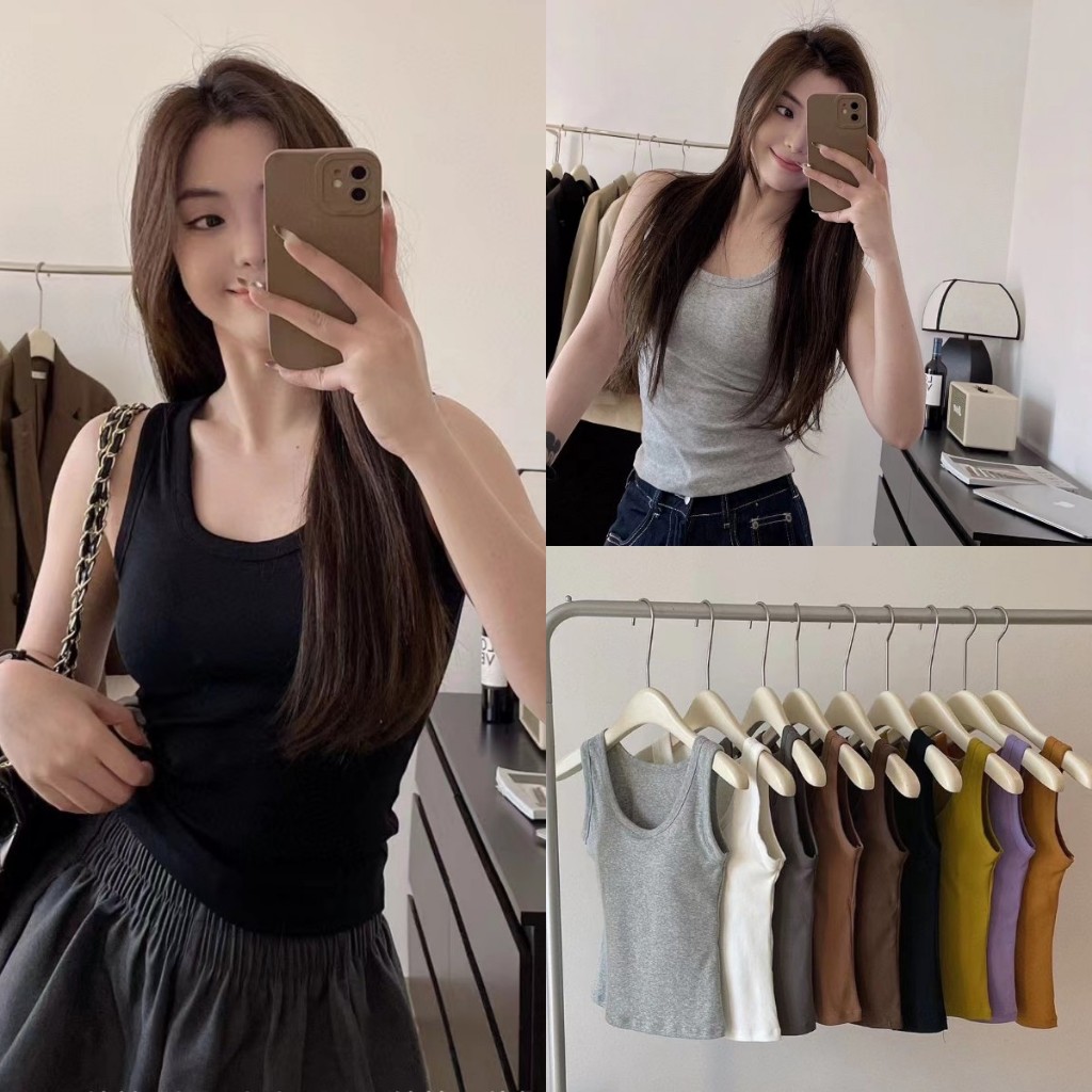 เสื้อกั๊ก เสื้อครอปกล้าม มีฟองน้ำ สีพื้น ทรงเข้ารูป สไตล์เกาหลี ผ้ายืดได้ สาวเซ็กซี่ต้องมี #1902203