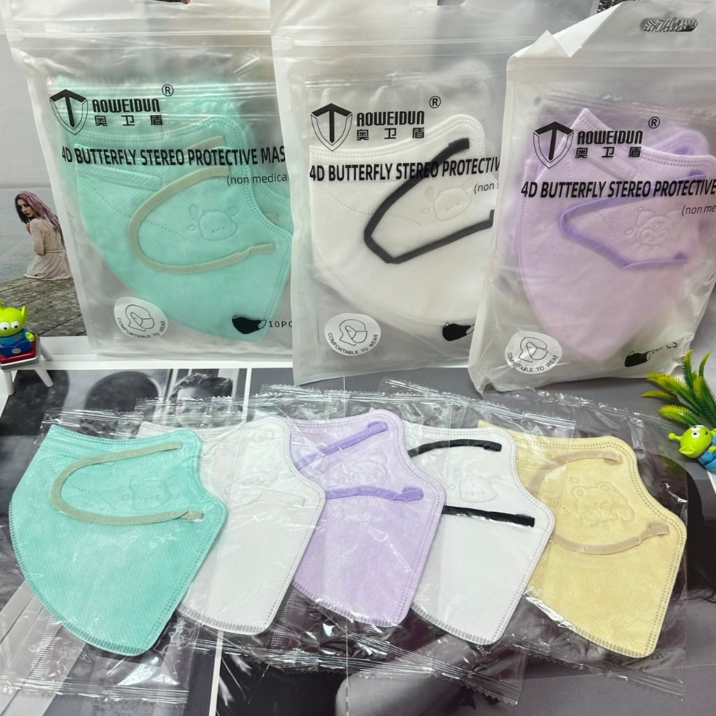 4D Mask แมสสำหรับผู้ใหญ่ ปั้มลายการ์ตูน หนา4ชั้น สายแบน เนื้อหนา กรองฝุ่น มีซีลแยกชิ้น1ห่อ10ชิ้น