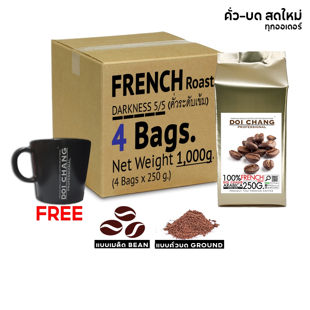 [มี CODE ลด] สั่งเลย+แถมแก้ว เมล็ดกาแฟดอยช้าง คั่วเข้ม/กลาง/คั่วอ่อน 1 กก.(250ก.×4ถุง) แถมแก้ว Doi Chang Professional