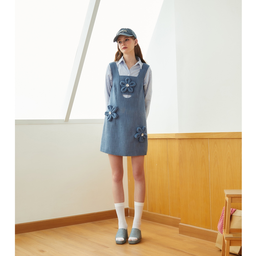 [พร้อมส่งบางสี]BASIC DRESS WITH FLOWER PIN HANDCRAFT TWEED เดรสดอกไม้