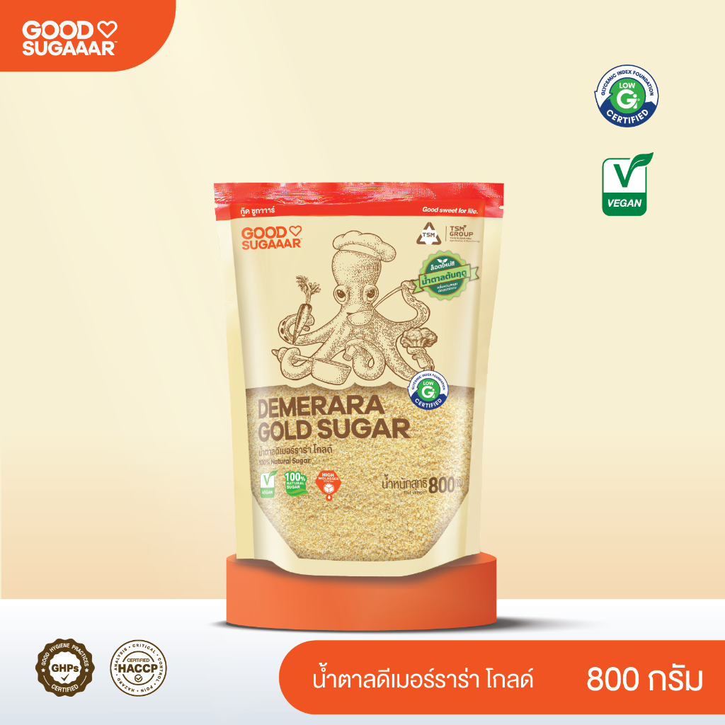 [ล็อตใหม่] น้ำตาล Demerara Gold 800ก. น้ำตาลเกล็ดทอง ไม่ขัดสี หอมกลิ่นอ้อย เหมาะสำหรับกาแฟและขนม