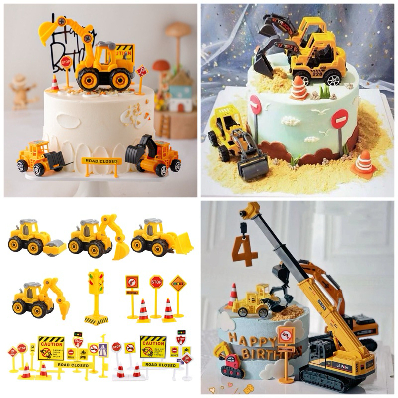 โมเดลรถตักดินและป้ายจราจรตกแต่งเค้ก Cake topper