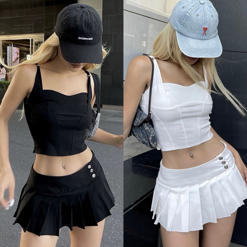 [F3]พร้อมส่งทั้งชุด (สีดำ/ขาว)เสื้อครอปสายเดี่ยว กระโปรงสั้นสายฝอ y2k สไตล์สตีส