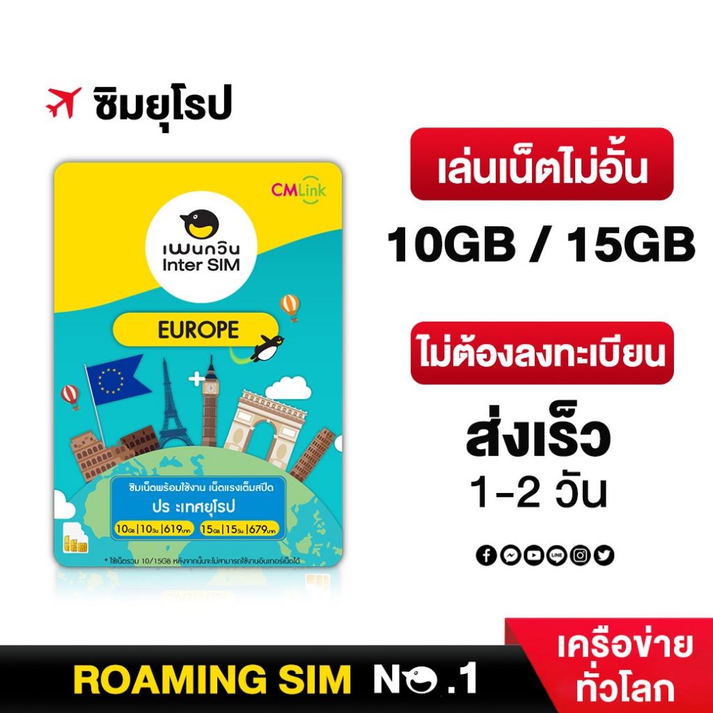 Europe Sim Card Full speed 10-15 GB FUP384k : ซิมยุโรป 10-15 GB นาน 10-15 วัน ซิมต่างประเทศ CM LINK