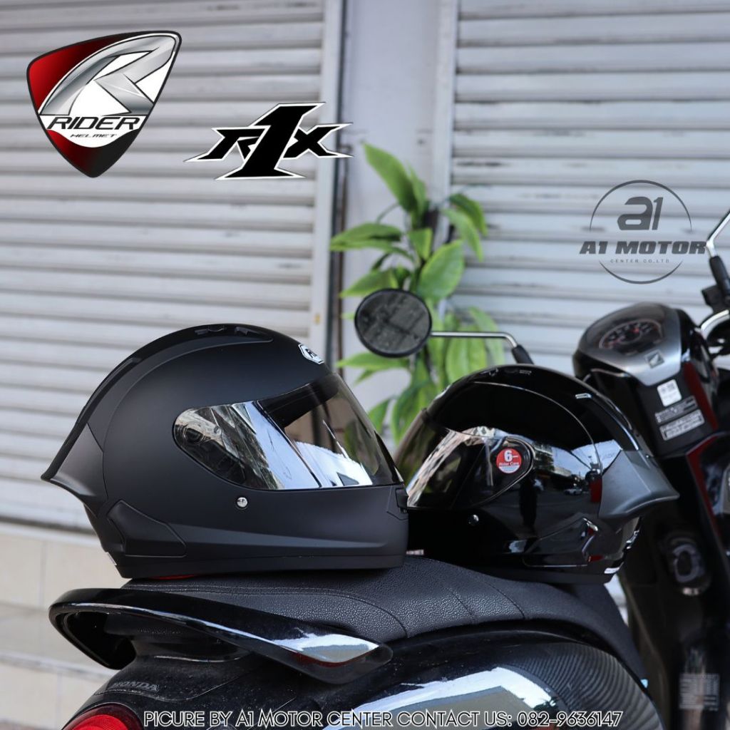 หมวกกันน็อคเต็มใบ Rider รุ่น R1X มีให้เลือก 6 สี นวมถอดซักได้ รองรับการติดตั้งบูลทูธ มาพร้อม Spoiler มาตรฐาน มอก.
