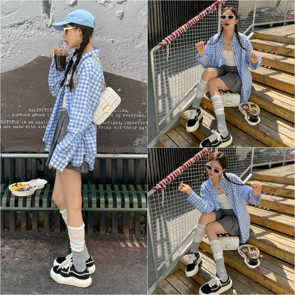 เสื้อเชิ้ตลายสก๊อตสีฟ้าดีเทลกระดุมน่ารักมาก ( FreeSize อก 44 ) แฟชั่นฤดูร้อนผู้หญิง SMDB117 พร้อมส่งจากไทยทรงหลวมแขนยาว