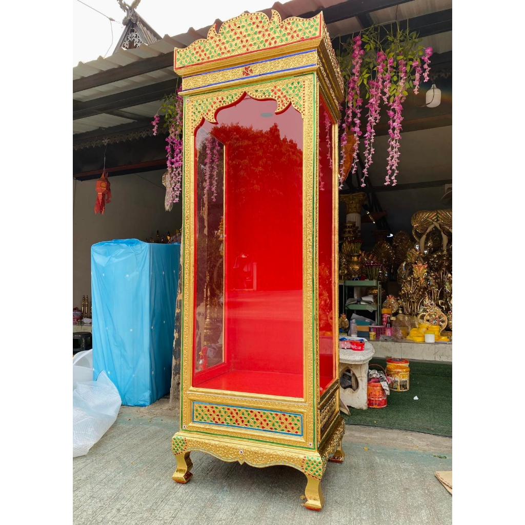 ✅รวมส่งฟรี✅ ตู้ใส่พัดยศ สูง 190 ซม. (จัดส่งทั้งตู้) ตู้พัดยศ ตู้โชว์พัดยศ ปิดทองเปลว เดินเส้นลายไทย ร้านจัดส่งเอง