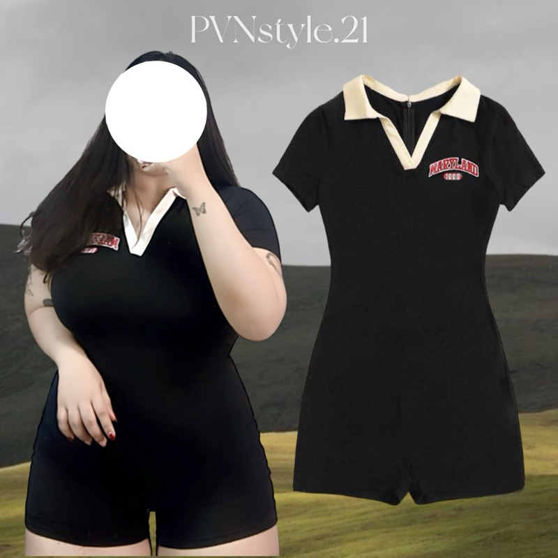 จั๊มสูทแขนสั้นคอปกสาวอวบ ผ้าเรย่อน อก36-48