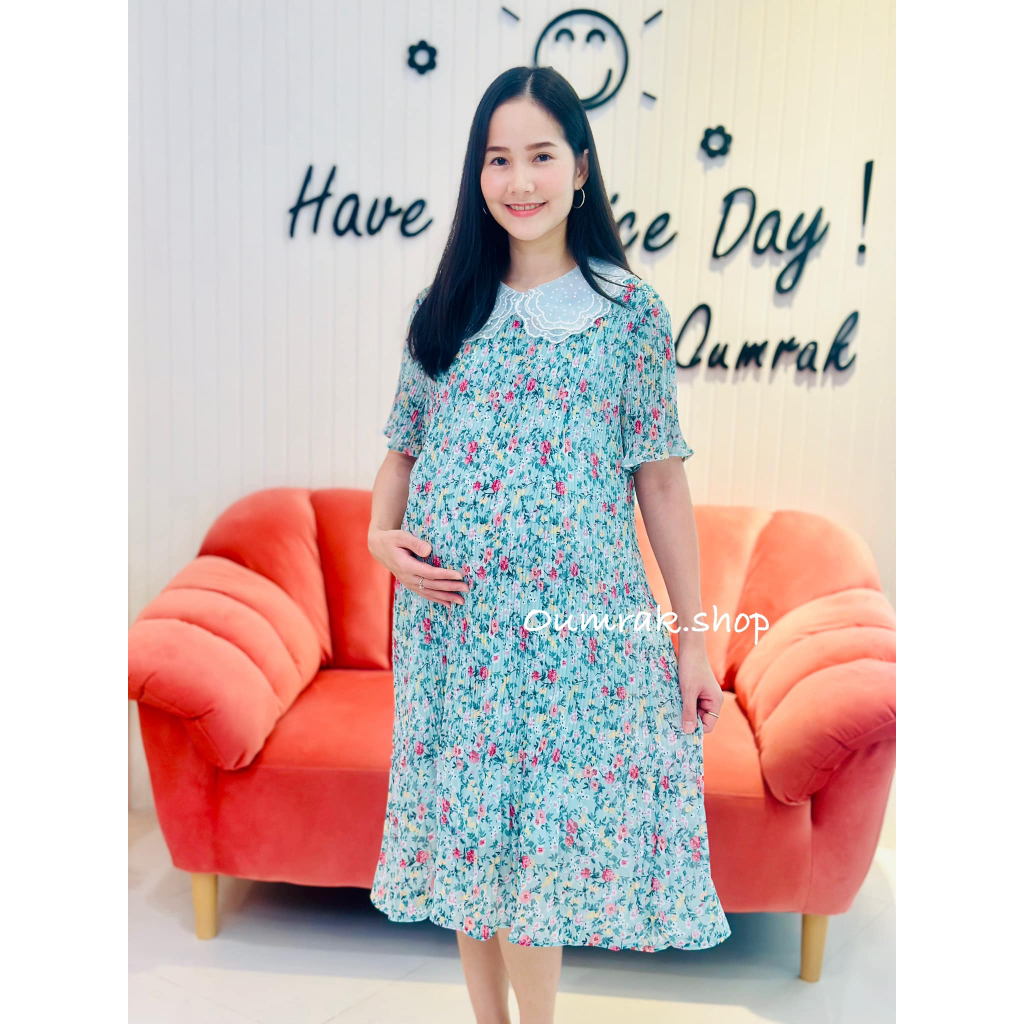 ( อกใหญ่ + มีซับ + ให้นม ) ชุดเดรสคลุมท้องผ้าชีพฟองอัดพรีท BD1109
