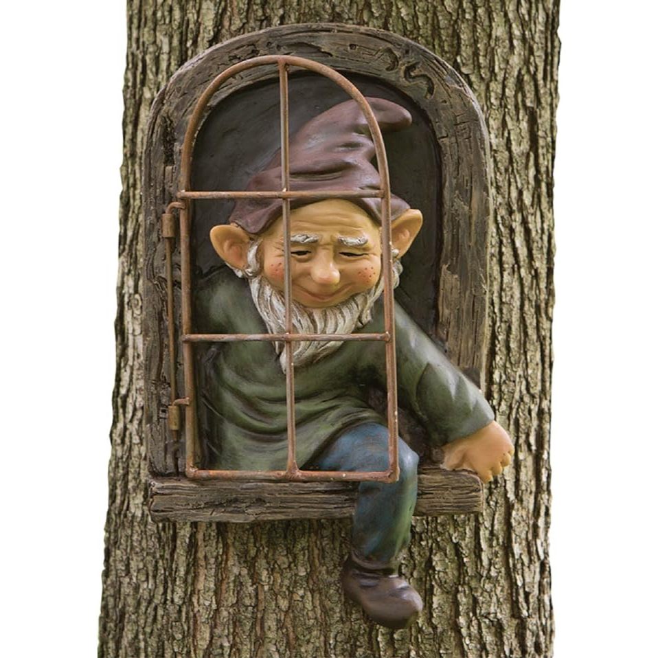 Bits and Pieces 12inch Elf Out The Door Tree Hugger Yard Decorations Whimsical Tree Sculpture Garden