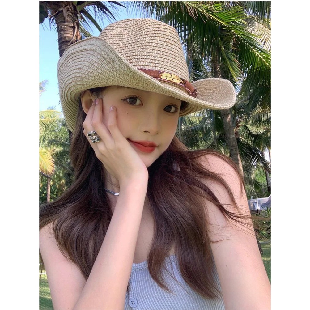 พร้อมส่ง หมวกคาวบอย ปีกกว้าง แฟนซี B444 สไตล์แฟชั่น หมวกคาวเกิร์ล หมวกกันแดด มีเชือกคล้องคอ สําหรับผ