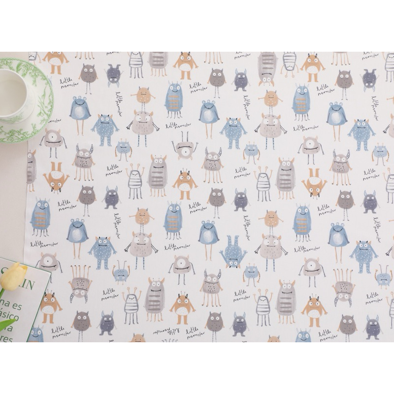 ผ้าาคอตตอน 100% คอตตอนทอทวิล ผ้าหน้ากว้าง 1.6 เมตร ลาย  Little monsters พื้นเทา ลาย Little monsters พื้นขาว