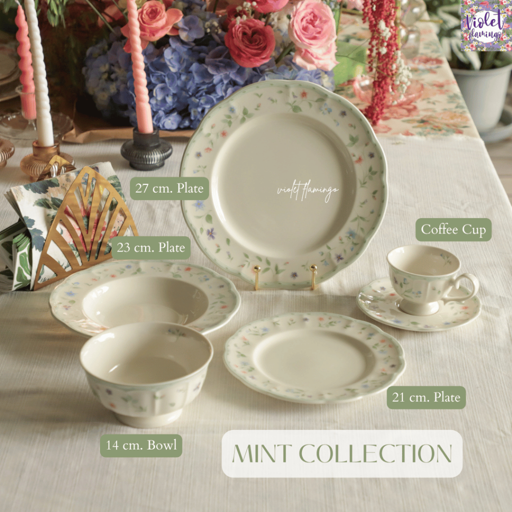 Violet Flamingo จานชามเซรามิค รุ่น Mint วัสดุ Premium Fine Porcelain สีขาวมีลวดลายสีเขียวมิ้นท์ งานเกรดคุณภาพส่งออก