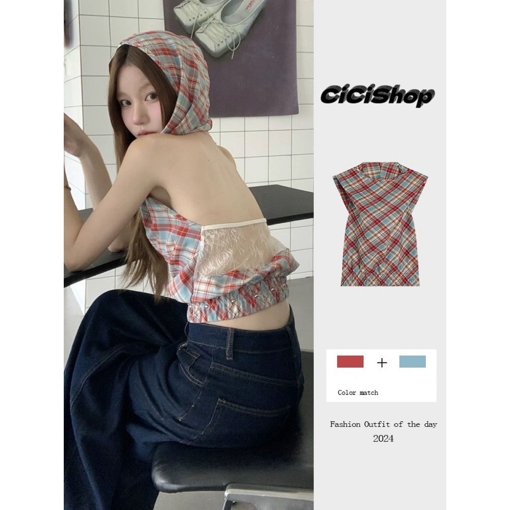 Cicishop(New1202)เสื้อแขนกุดมีฮูด โชว์หลัง ลายตาราง เอวจั๊ม เท่แซ่บผสมกัน เริ่ดๆพส