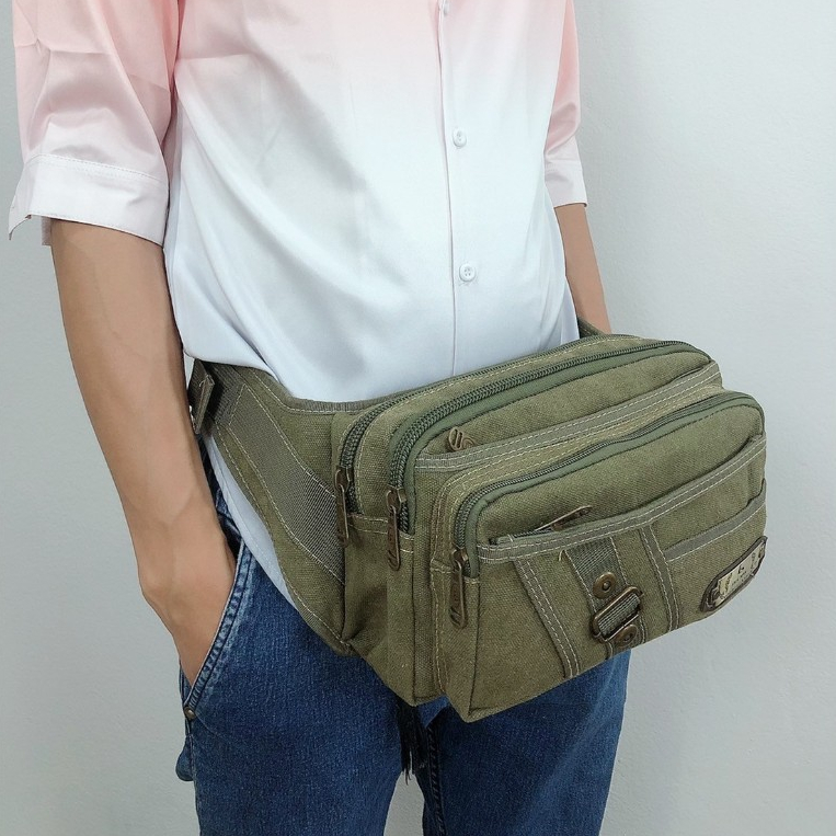 กระเป๋าคาดเอวใบใหญ่แบบผ้ากระสอบ กระเป๋าสะพายคาดลำตัวใส่ของอเนกประสงค์