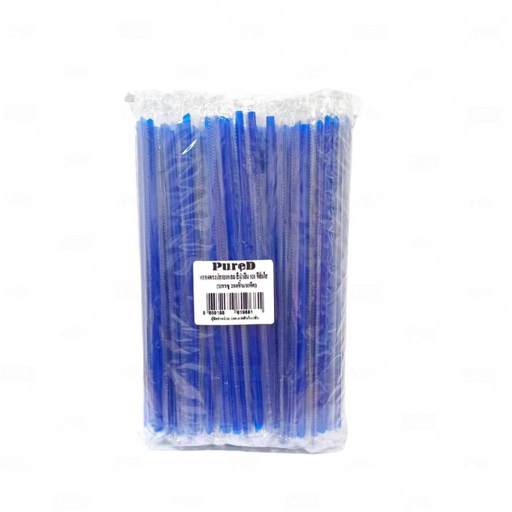 หลอดตรงปลายแหลม PureD สีน้ำเงิน ห่อฟิล์ม  ขนาด 5x200mm. (200เส้น/แพ็ค) หยกออนไลน์