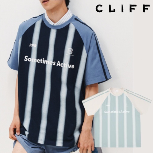 CLIFF เสื้อยืดผู้ชาย คอกลมแขนสั้น เสื้อลายทางทางเลือก การออกแบบแขน raglan ชุดคู่รัก สไตล์อเมริกันวินเทจ