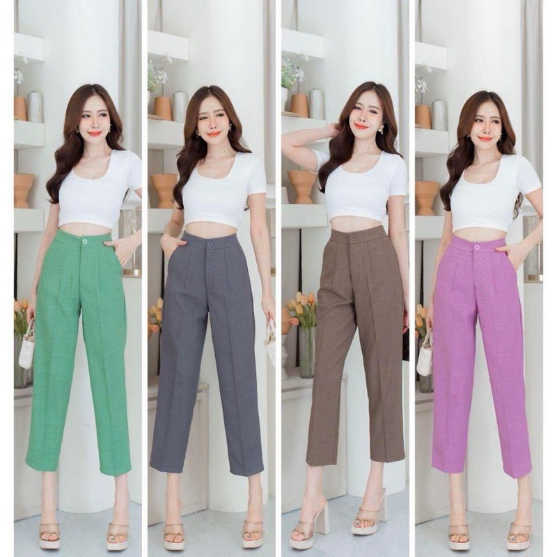 กางเกงเอวสูง7ส่วนทรงขากระบอกเล็กติดกระดุมเก็บทรงสวยS-4XL
