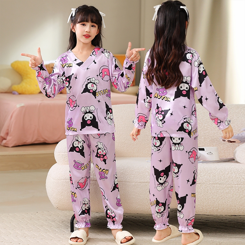 เสื้อผ้าสาวๆ ชุดนอนเด็กผู้หญิง ผ้าซาติน ลายการ์ตูนน่ารัก เสื้อแขนยาว+กางเกงขายาว 95~150cm