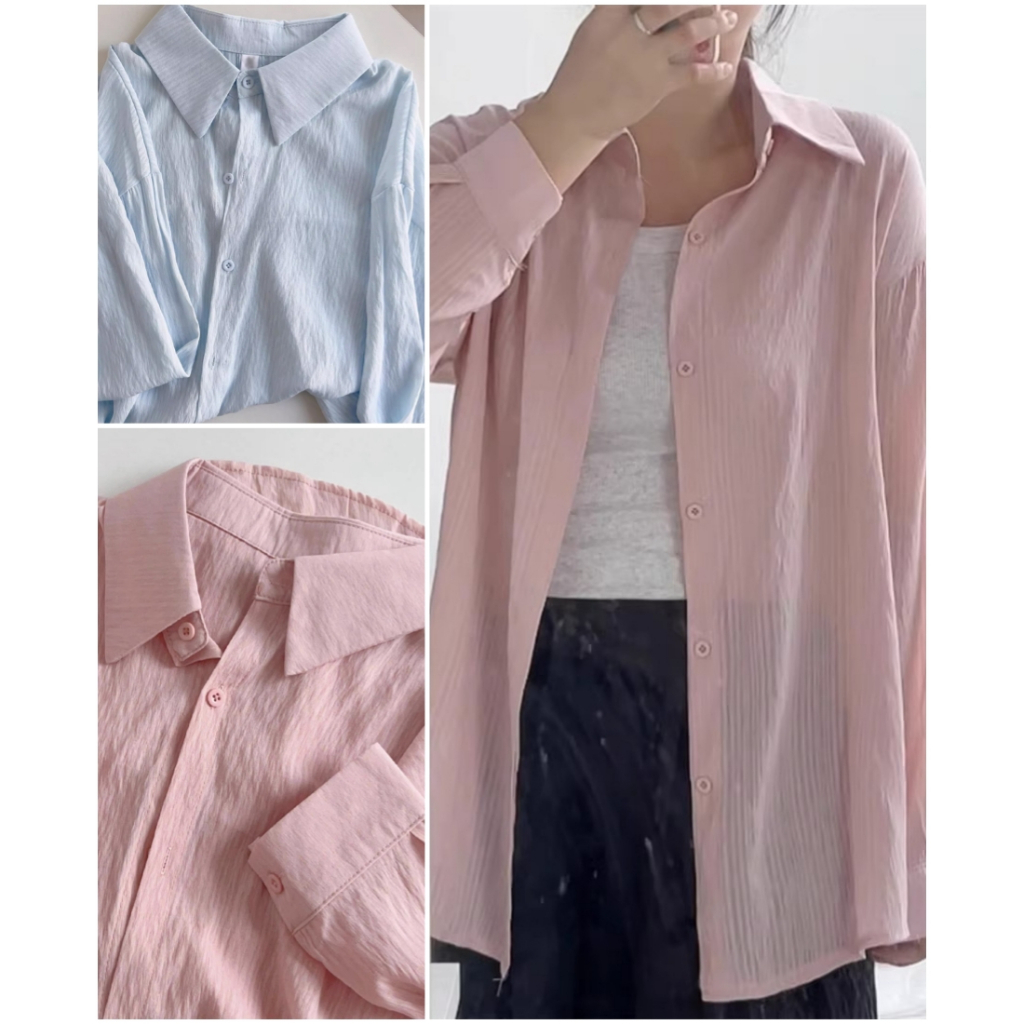 เสื้อเชิ้ตแฟชั่นผ่าหลังผูกโบว์ด้านหลัง MCB102 สีฟ้า/ชมพู  เนื้อผ้านิ่มคอปกแขนยาว FreeSize อก40 ไม่ต้