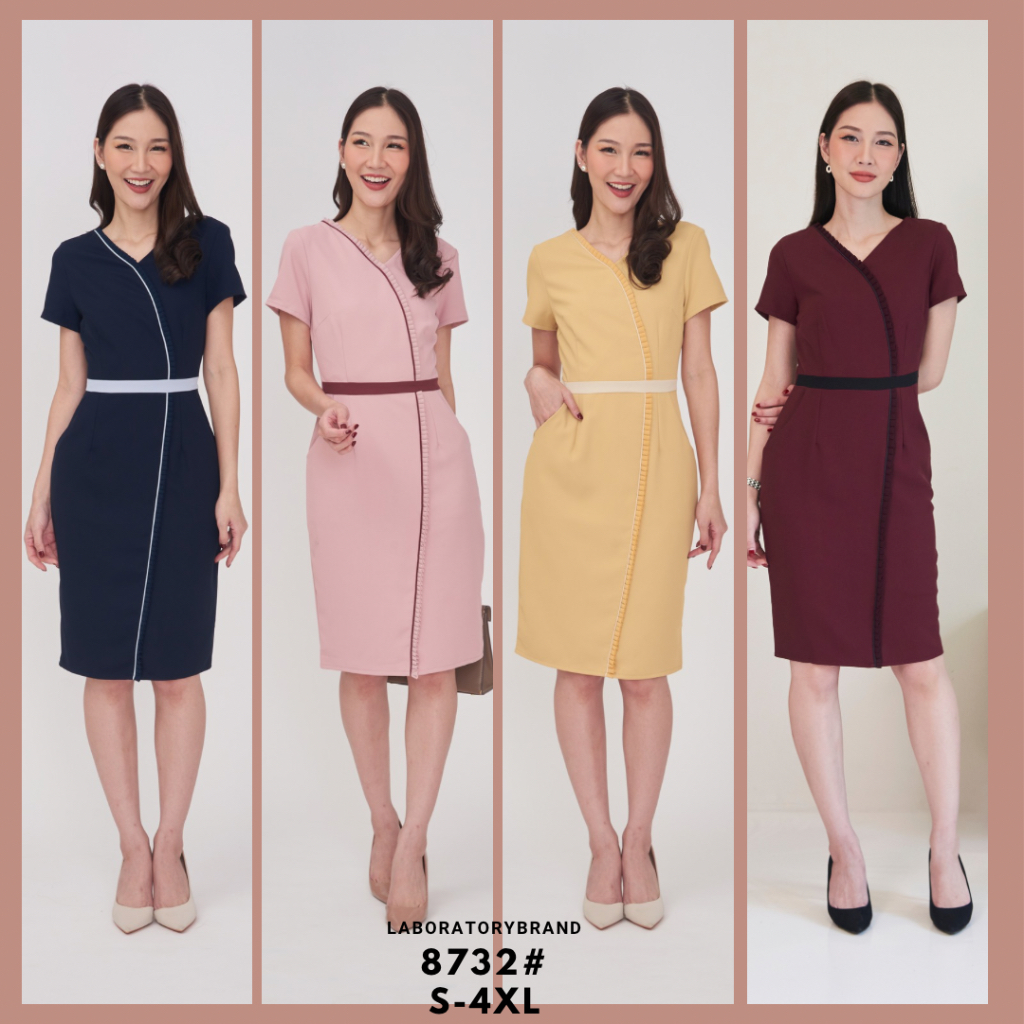 *Laboratory* เดรส 8732#poly เดรสคอวีทรงสอบสีพื้นแต่งจีบระบายด้านหน้ามีไซส์ S-4XL