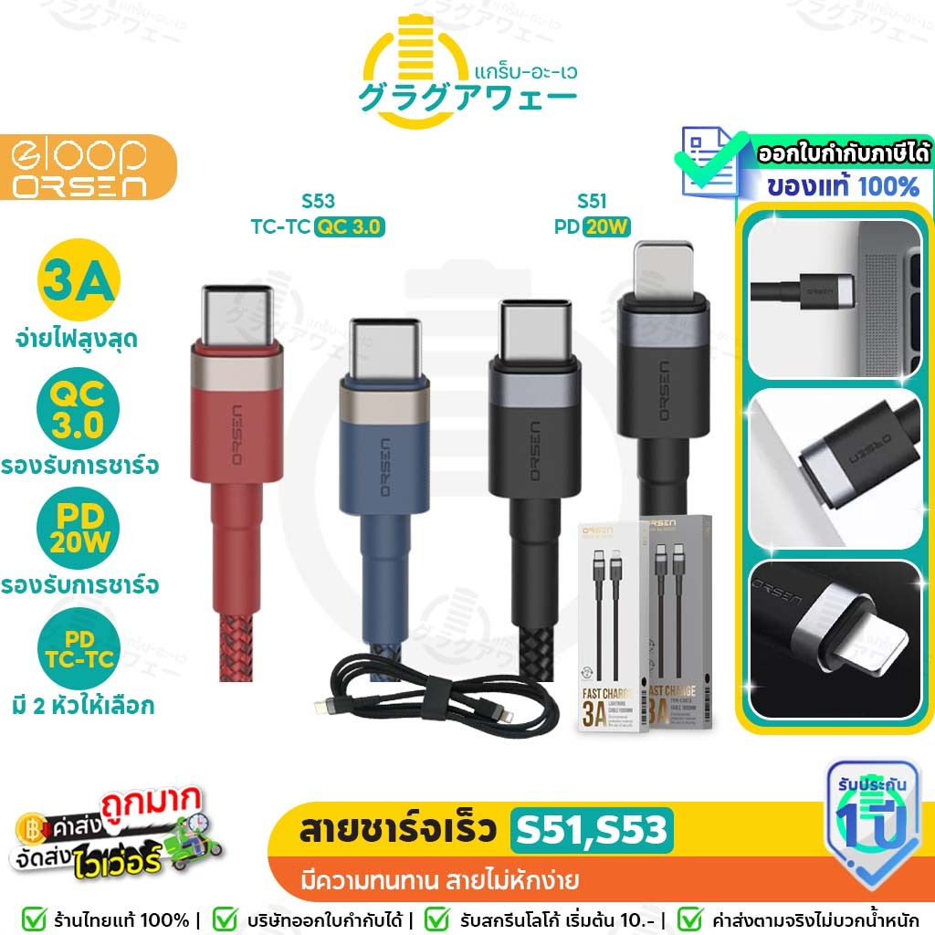 Eloop S51 S53 สายชาร์จเร็ว PD 20W | QC 3.0 Type C > IOS 3A / Type C > Type C รองรับถ่ายโอนข้อมูล สายถัก ความยาว 1 เมตร