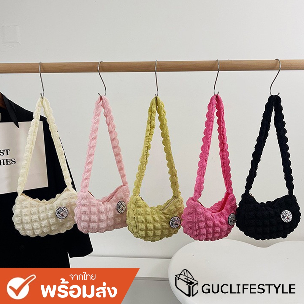 GUCSELECTED(B2046) กระเป๋าใส่พายไหล่ใบเล็กผ้ายับนุ่มๆ+แถมเข็มกลัด