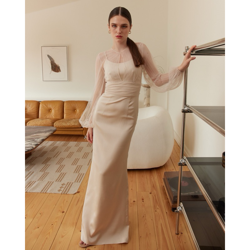 Kamila maxi dress (3colors) เดรสยาวผ้าซาติน คลุมด้วยผ้าโปร่งพลีท