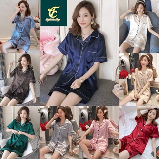 ชุดนอนผ้าซาติน ชุดนอนฤดูร้อนของผู้หญิง กางเกงขาสั้น  ชุดนอนผ…