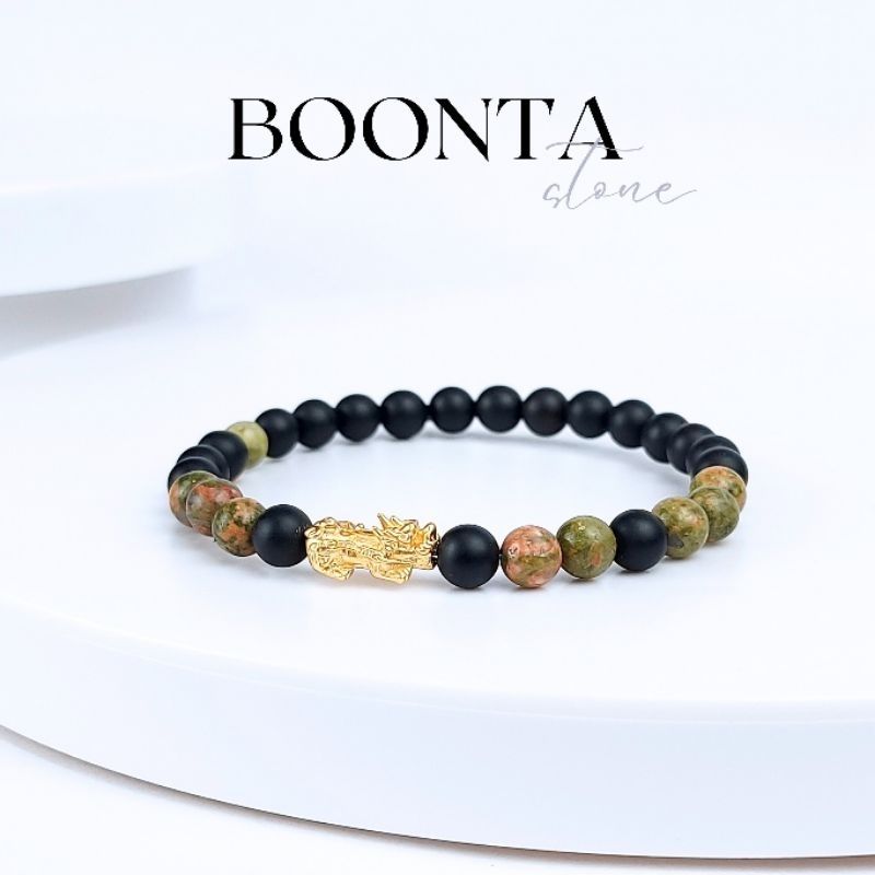 กำไลข้อมือหินปี่เซียะมงคล เรียกทรัพย์ สี Gold หิน 6 มิล ยูนาไคต์ + โอนิกซ์