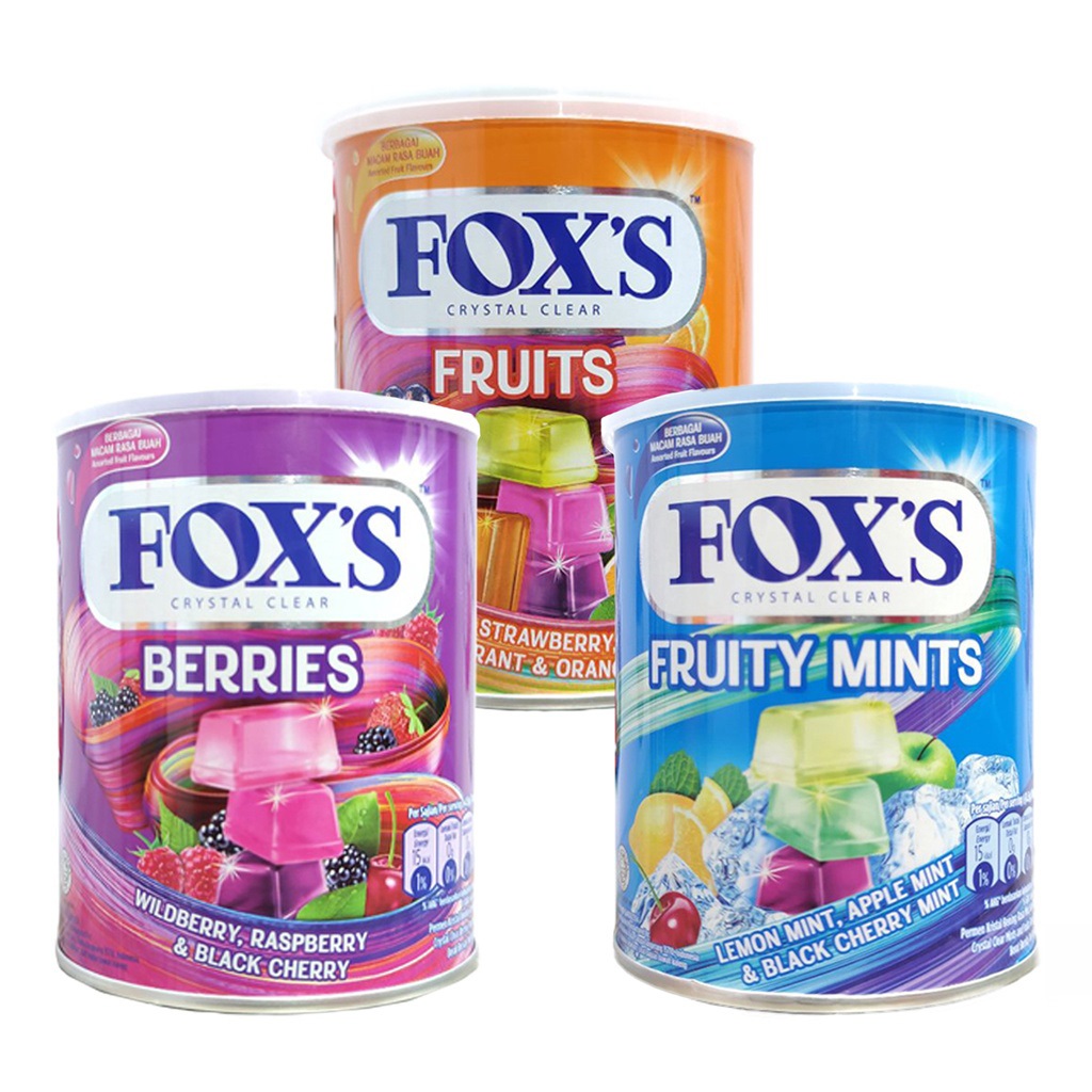 Fox’s Crystal Clear ลูกอมเนื้อใสคริสตัล แบบกระปุก มีประมาณ 40 เม็ด น้ำหนัก 180 กรัม มี 3 รส สินค้ามีฮาลาล