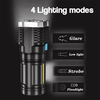 ไฟฉาย led ไฟฉายแรงสูง ไฟฉาย LED 4 ตา ไฟฉายพกพา ไฟฉายชาร์จไฟ USB ส่องสว่างระยะไกลสำหรับกลางแจ้ง