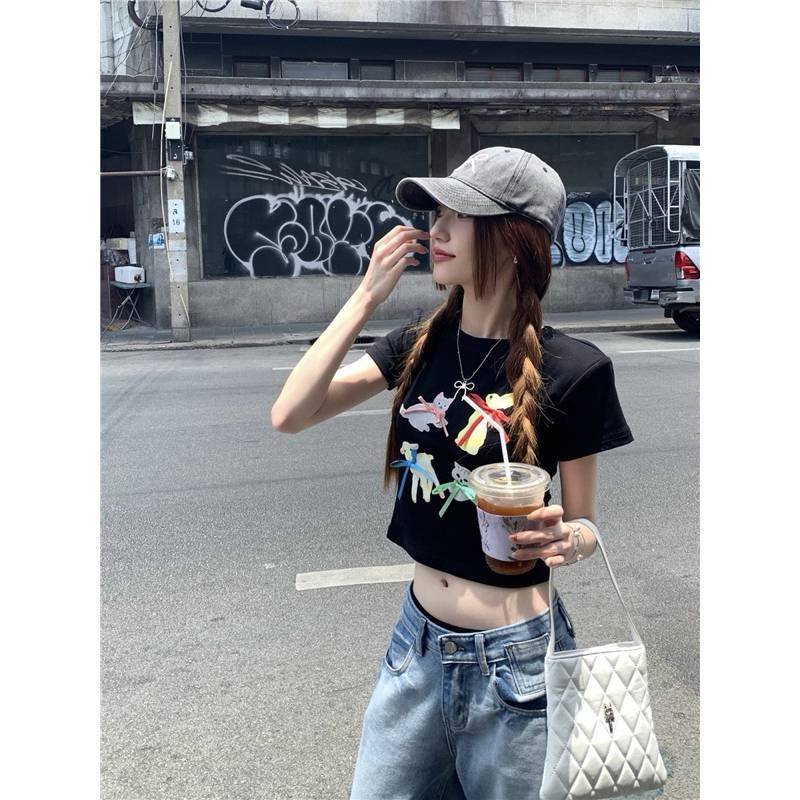 diary(bratop5029)เสื้อยืดแขนสั้น มีฟองน้ำในตัว ไม่ต้องใส่เสื้อใน คอกลม ลายแมวน่ารัก ติดโบว์เล็กๆ