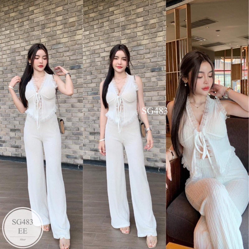 พร้อมส่ง ชุดเซ็ตสีขาว ชุดขายาวสีขาว🗻🏕️ ชุดเสื้อแขนกุดระบายลุกไม้กางเกงขายาว ชุดเสื้อแขนกุดผูกหน้า✨✨
