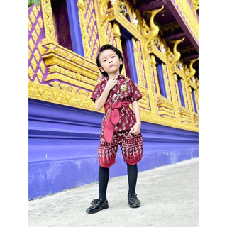 ชุดเด็กผ้าไทยลายขอสีใหม่ล่าสุดสีแดงไวน์น่าขับผิวดูผู้ดีมากเนื้อผ้าฝ้ายหมักโคลนเซ็ท3ชิ้นเสื้อโจงกระเบนและผ้าคาดเอว