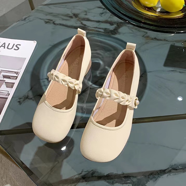 พร้อมส่ง 35-40 เกาหลีรุ่นเรียบง่ายนักเรียน / ทำงาน / หญิงตั้งครรภ์ข้าวขาว / khaki หนาส้นรอบหัวตัดรองเท้าเดี่ยว