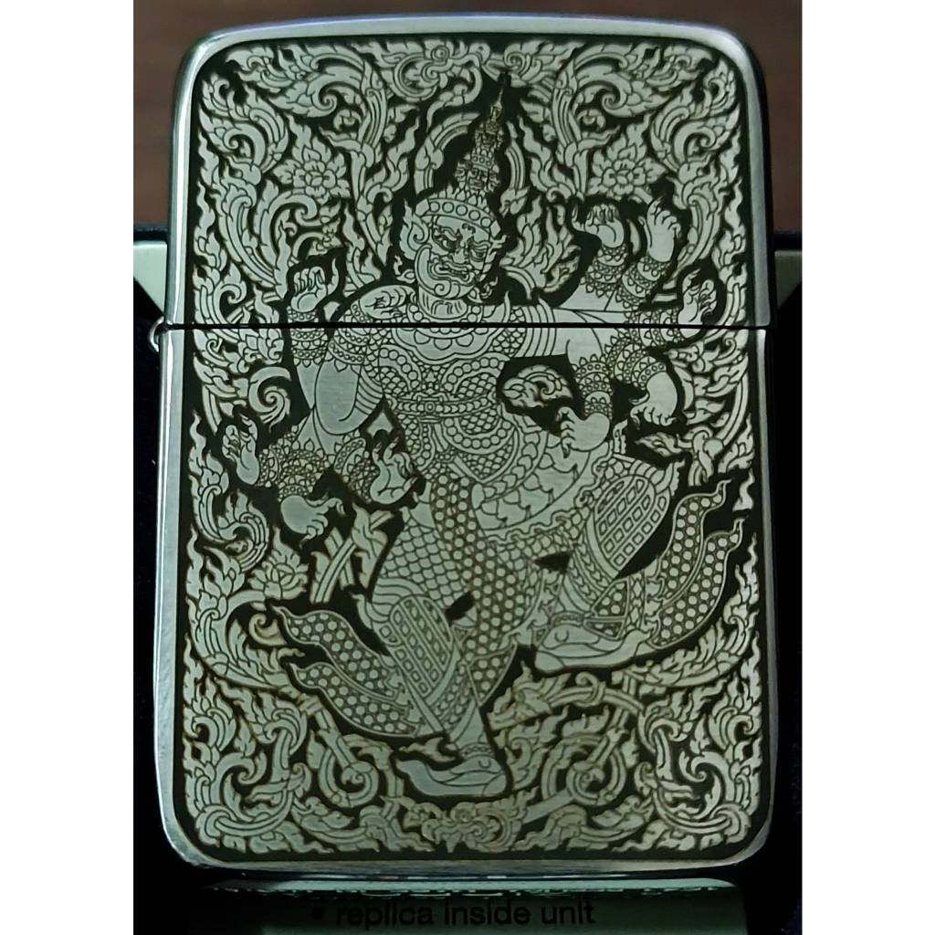 Zippo Replica Brass 1941 ของแท้ สีเงินด้าน ยิงเลเซอร์ ลายทศกัณฐ์10กร 5 ด้าน