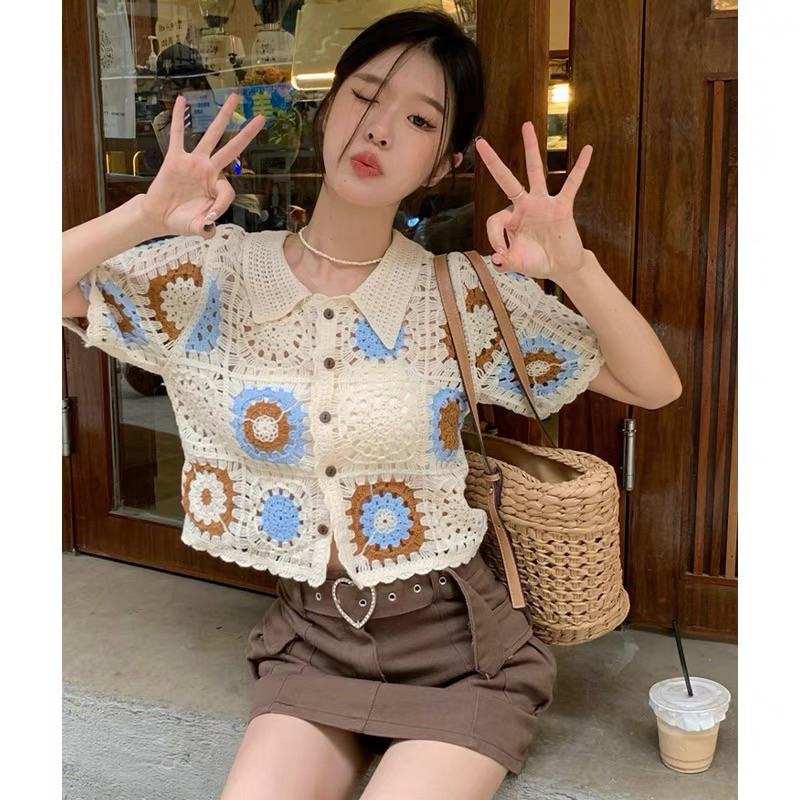 [มีแบบใหม่มาค่าทุกคน] เสื้อถักไหมพรมนิ่มคอปก เสื้อครอปถักลูกไม้สไตล์เกาหลี