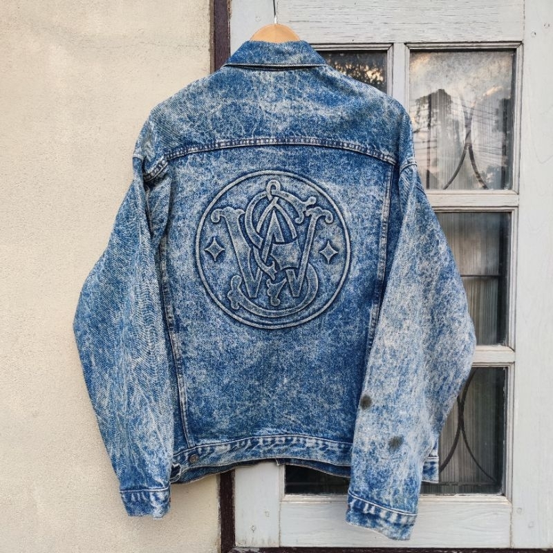 เสื้อแจ็คเก็ตยีนส์วินเทจ 80s  Made USA Smith & Wesson Acid Stone Wash Denim Jean Jacket